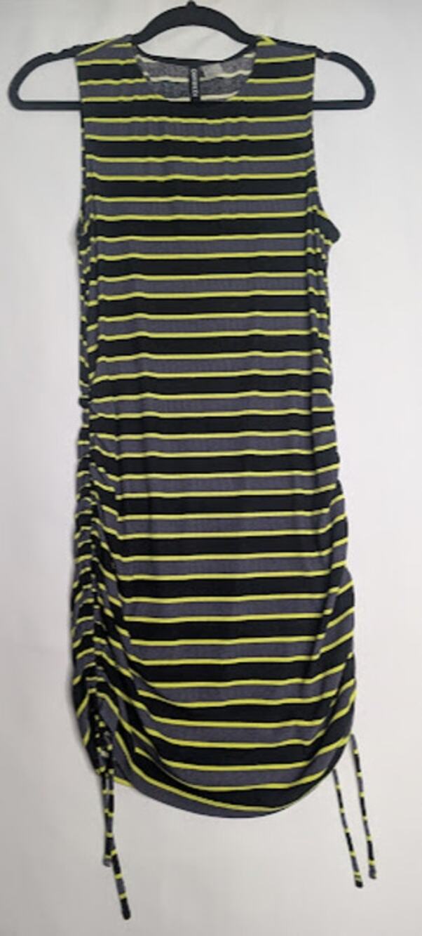 H & M DIVIDED Striped yellow grey Bodycon Ruched Dress size Medium indie